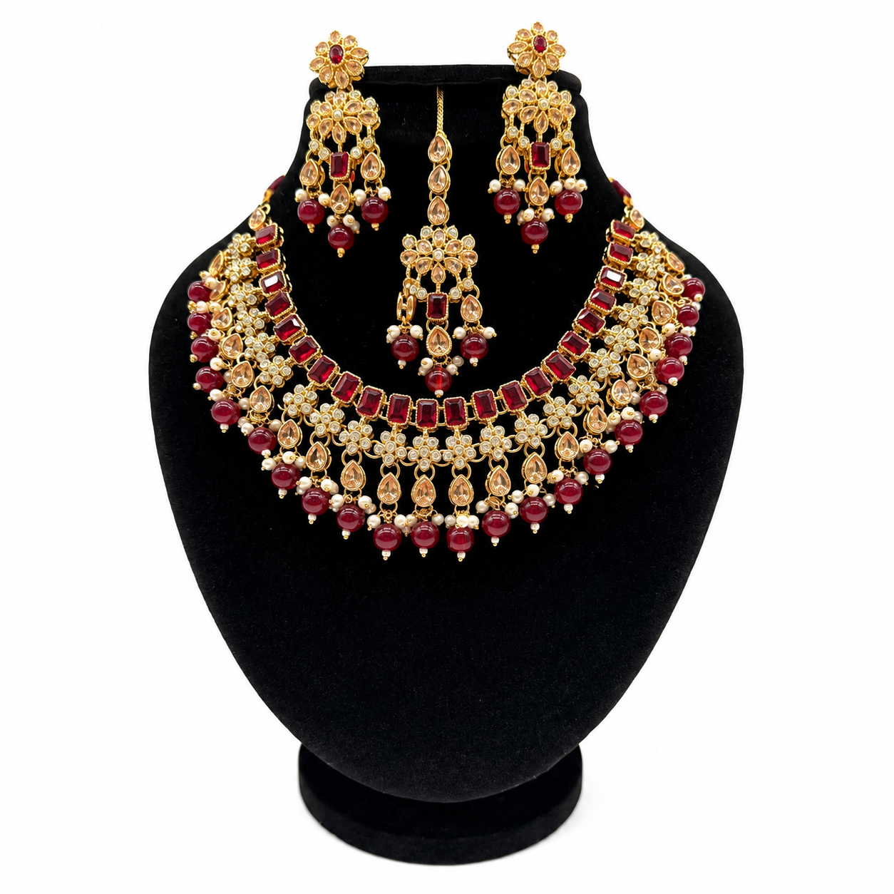 Royal Ruby Red Bridal Jewelry Set – Necklace, Earrings & Maang Tikka