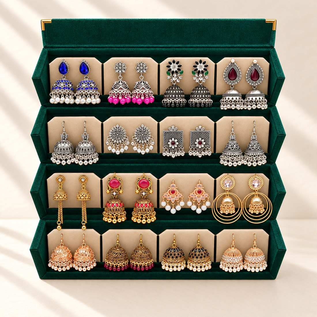 Assorted jhumka styles – oxidized silver, gold-tone, stone and pearl jhumkas in a green velvet box