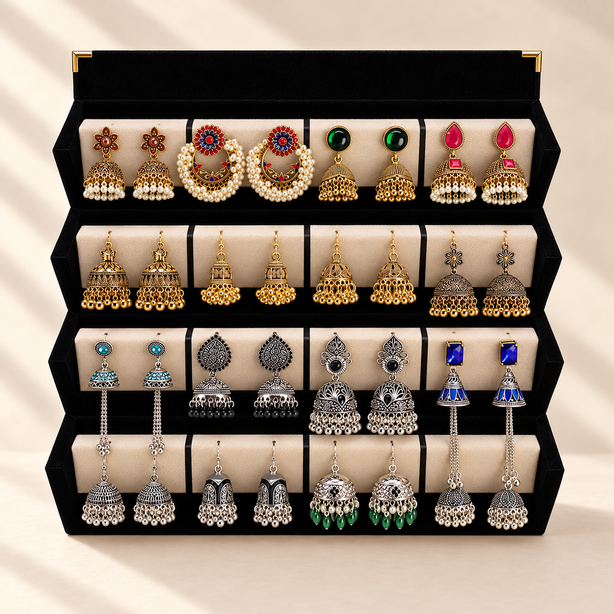 Gulrukh 16 pair traditional jhumka box with tiered velvet display