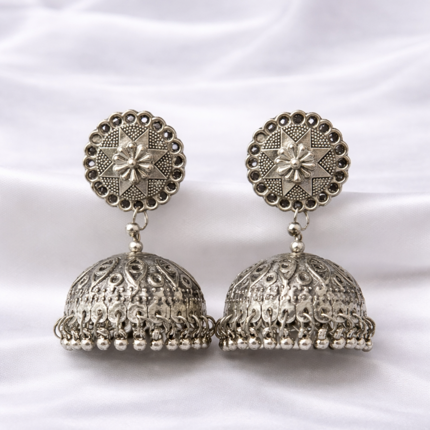 Ornate Oxidized Silver Jhumka Earrings