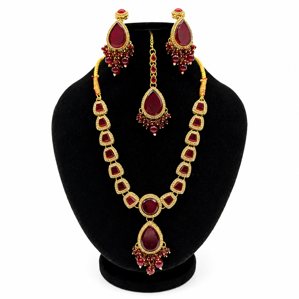 Ruby Red Teardrop Jewelry Set – Necklace, Earrings & Maang Tikka