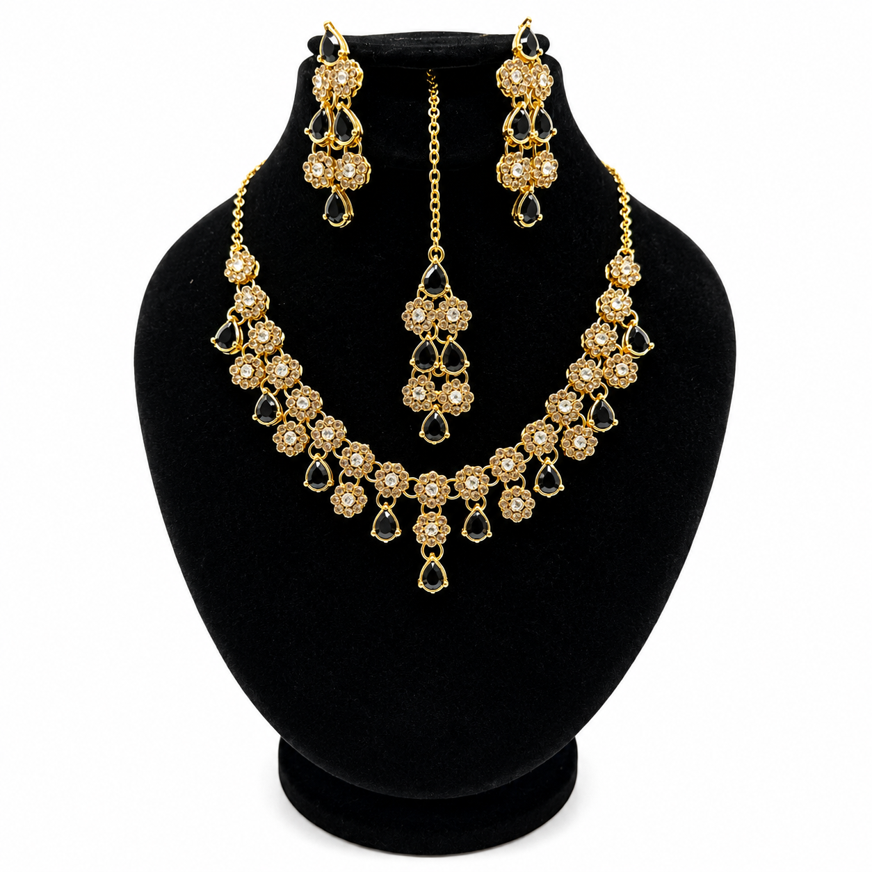 Black Teardrop Floral Jewelry Set – Necklace, Earrings & Maang Tikka