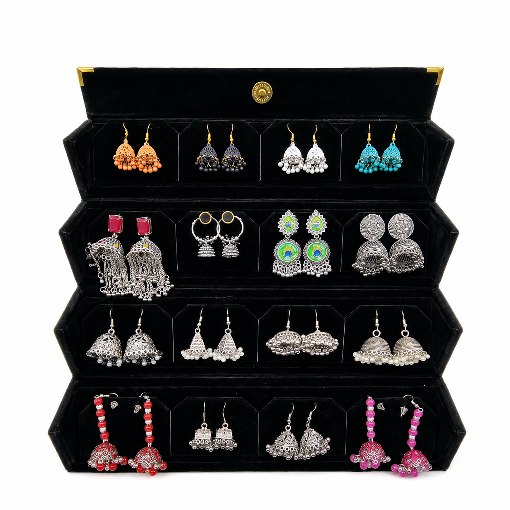 Silver & Colorful Jhumka Collection Box – 16 Pairs – Traditional Statement Earrings