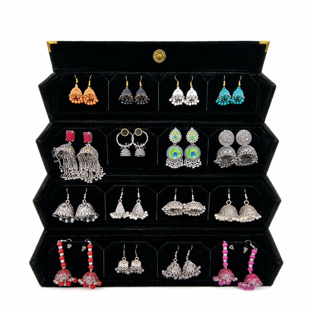 Silver & Colorful Jhumka Collection Box – 16 Pairs – Traditional Statement Earrings
