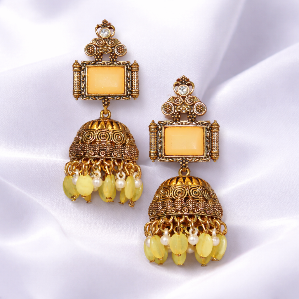 Stylish Antique Golden Jhumka Earrings - Traditional Yellow Bead Latkan Jhumki for Girls