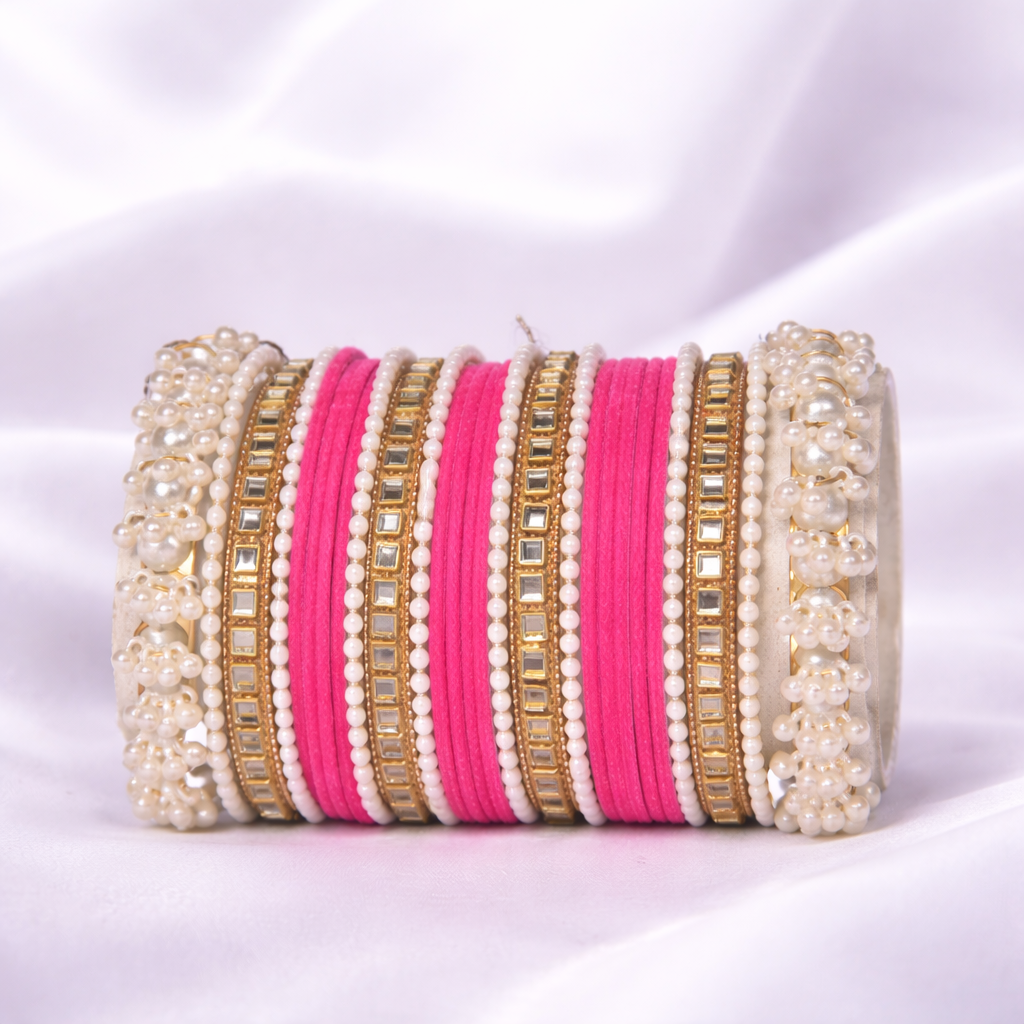 Premium Fancy Bangles Set | 2 Large Pearl Karray, 8 Small Pearl Karray, 4 Kundan & 1 dozen Velvet Bangles