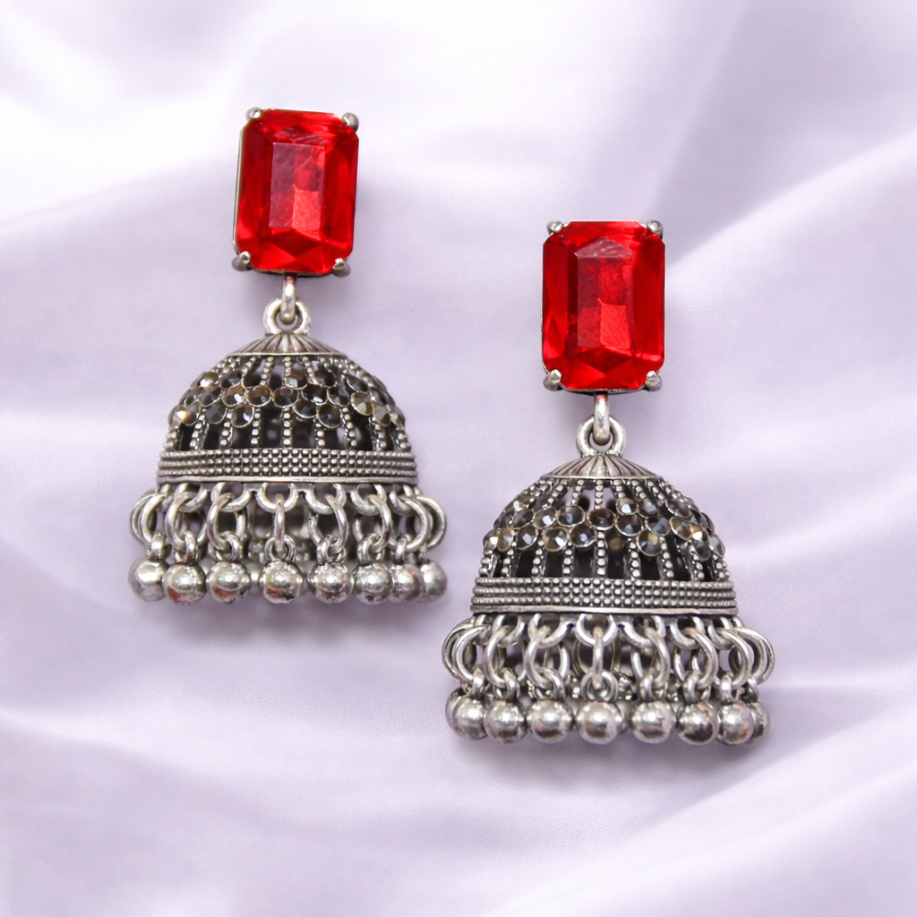 Elegant Oxidized Silver Red Stone Jhumka Earrings - Rectangular Crystal Stud Traditional Dangle Earrings for Girls