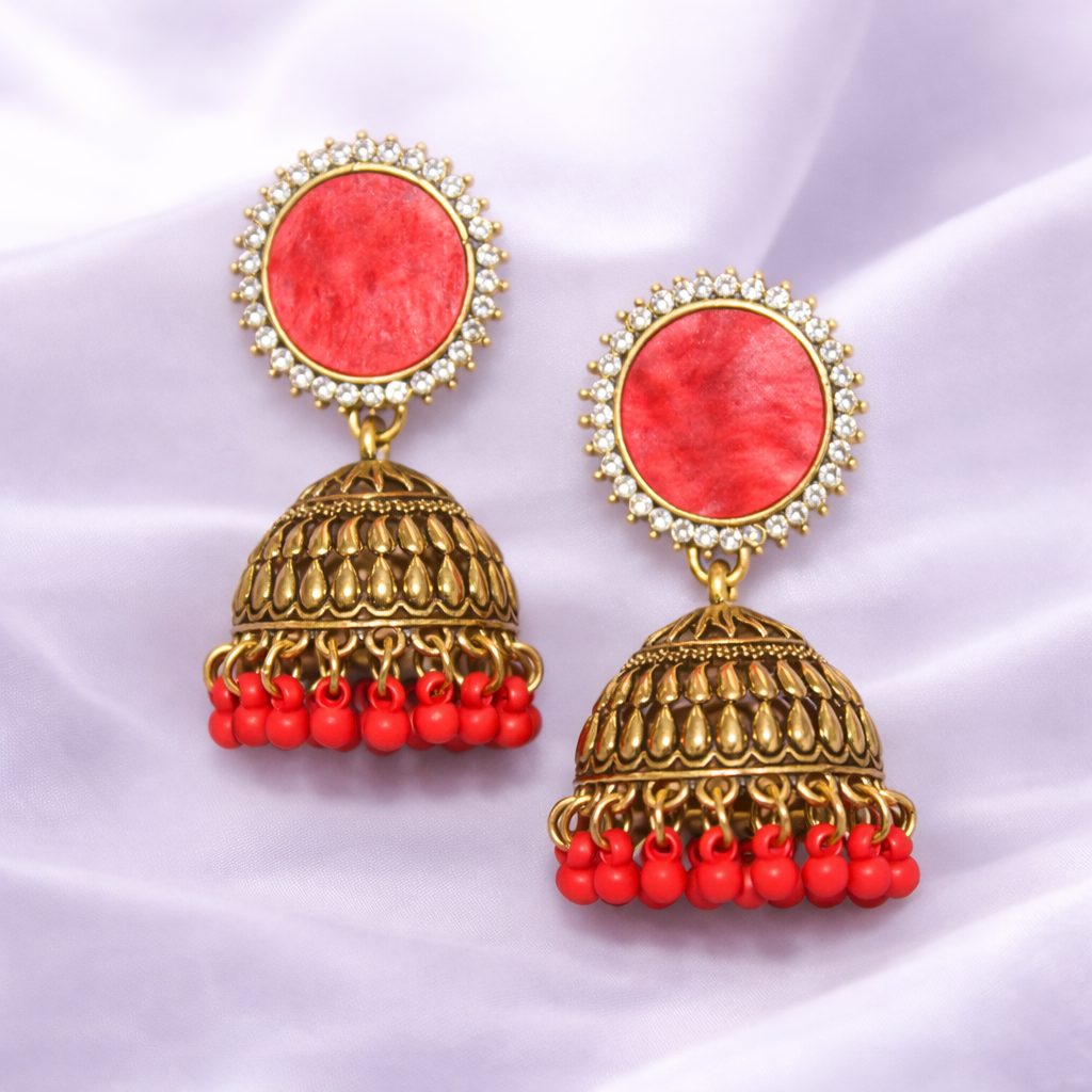 Red & Gold Ethnic Jhumka Earrings - Stylish Wedding Jewelry Collection