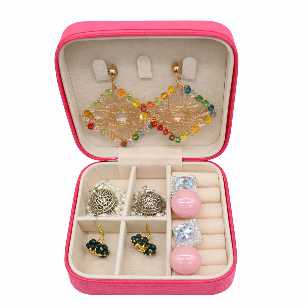 Elegant Pink Travel Jewelry Box with Jhumka & Earring Collection – Compact Organizer Case
