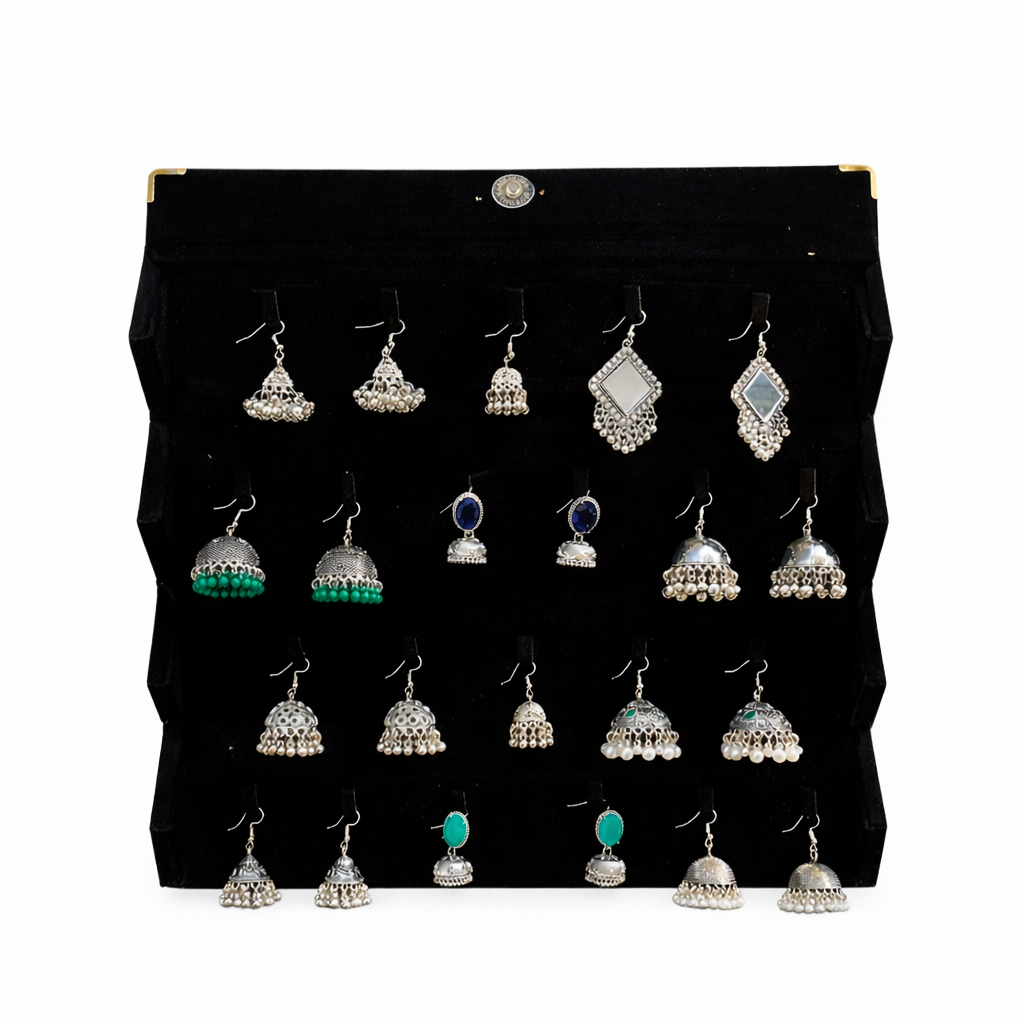 Classic Oxidized Silver Jhumka Earrings Set with Mirror & Stone Detailing