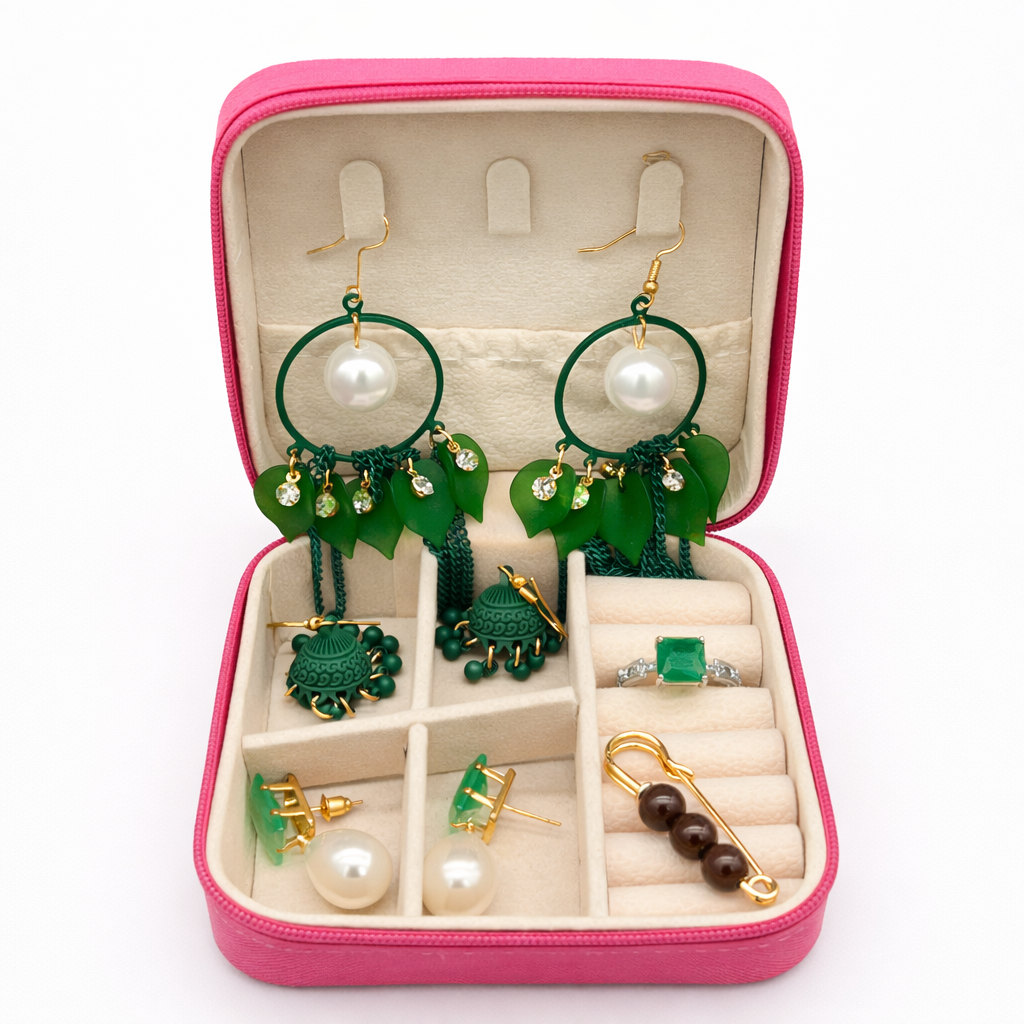 Green Pearl Jewelry Gift Set with Earrings & Ring – Premium Organizer Box