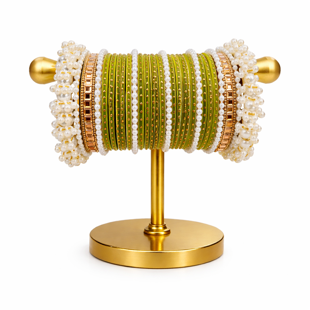Premium Pearl Green Bangle Set | Designer Chooriyan with Pearl & Golden Detailing