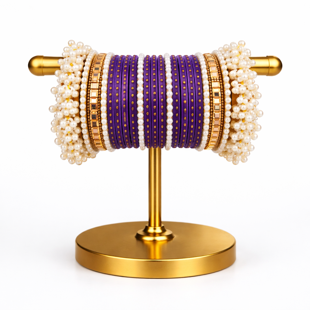 Premium Purple Pearl Bangle Set | Designer Chooriyan with White Pearls & Golden Borders