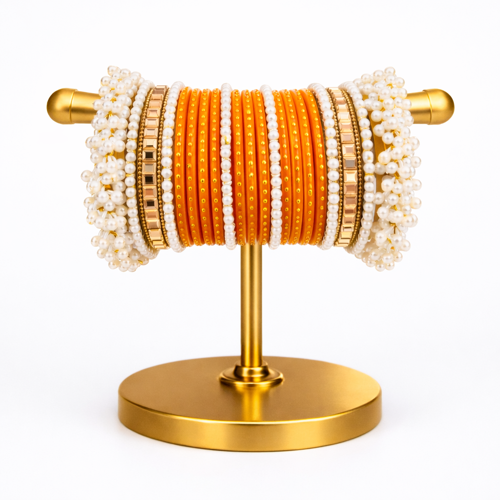 Premium Orange Pearl Bangle Set | Designer Chooriyan with White Pearls & Golden Borders