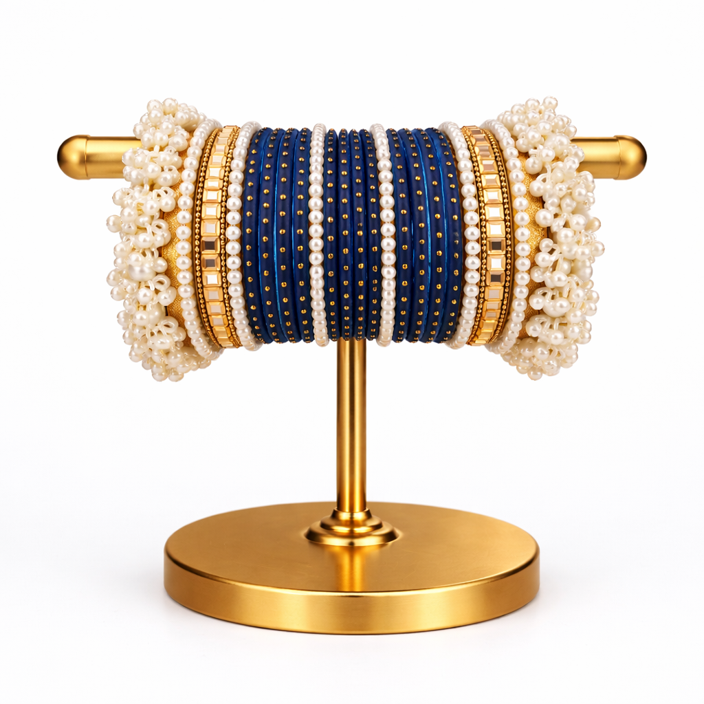 Premium Navy Blue Pearl Bangle Set | Designer Chooriyan with White Pearls & Gold Finish