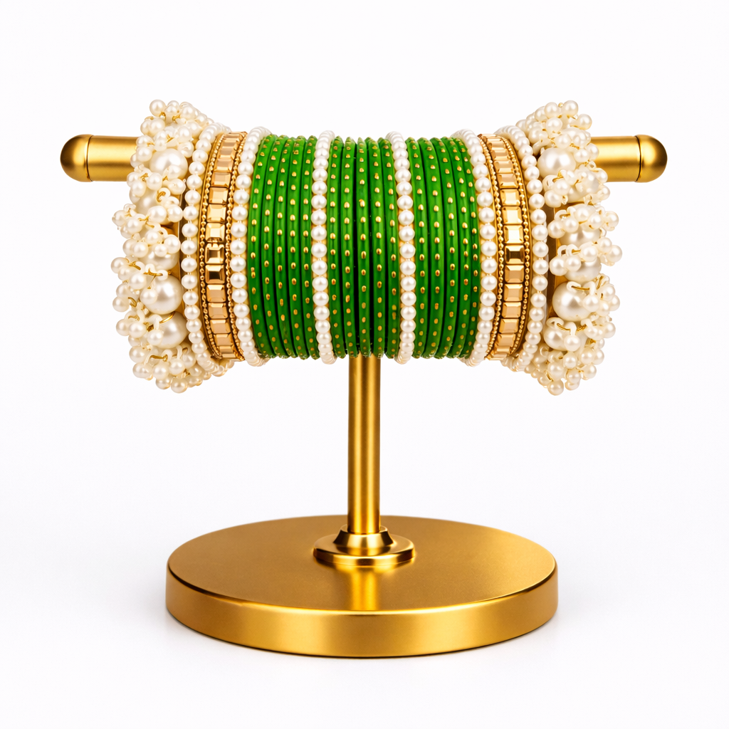 Premium Green Pearl Bangle Set | Designer Chooriyan with White Pearls & Gold Finish