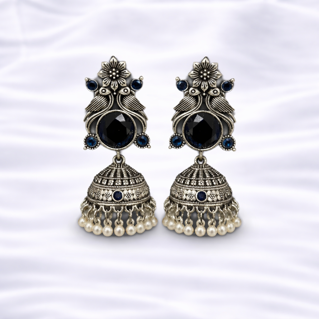 Intricate Silver Jhumka Earrings with Onyx