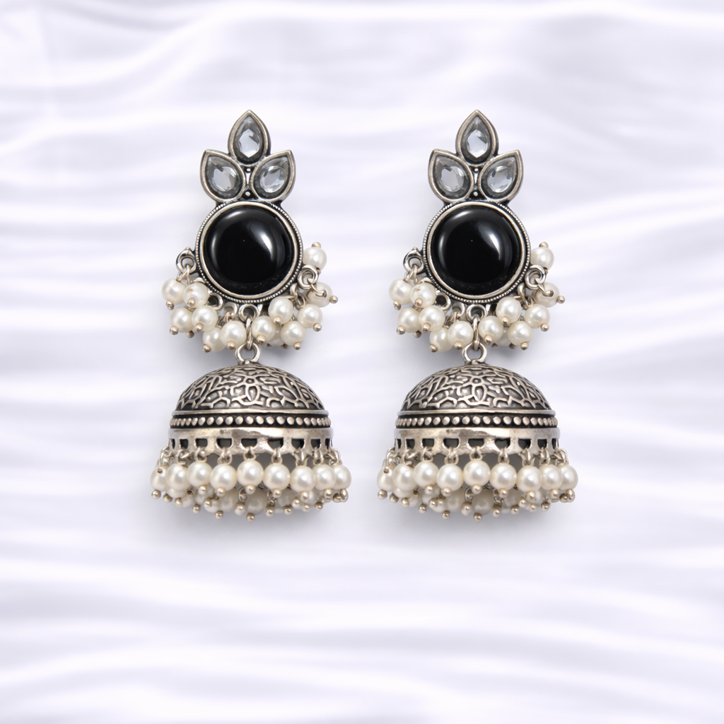 Elegant Silver Jhumka Earrings (Close-Up)