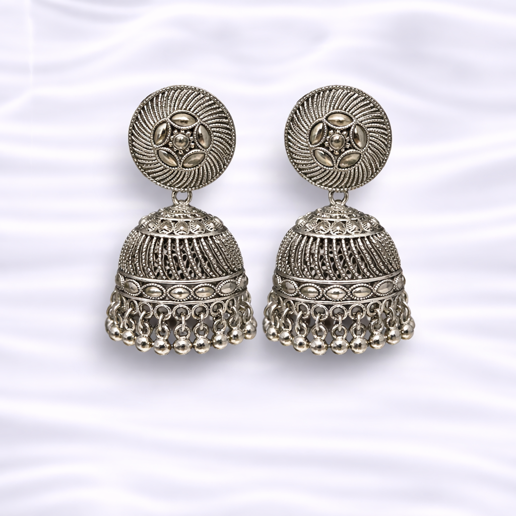 Oxidized Silver Jhumka Earrings (Close-Up)
