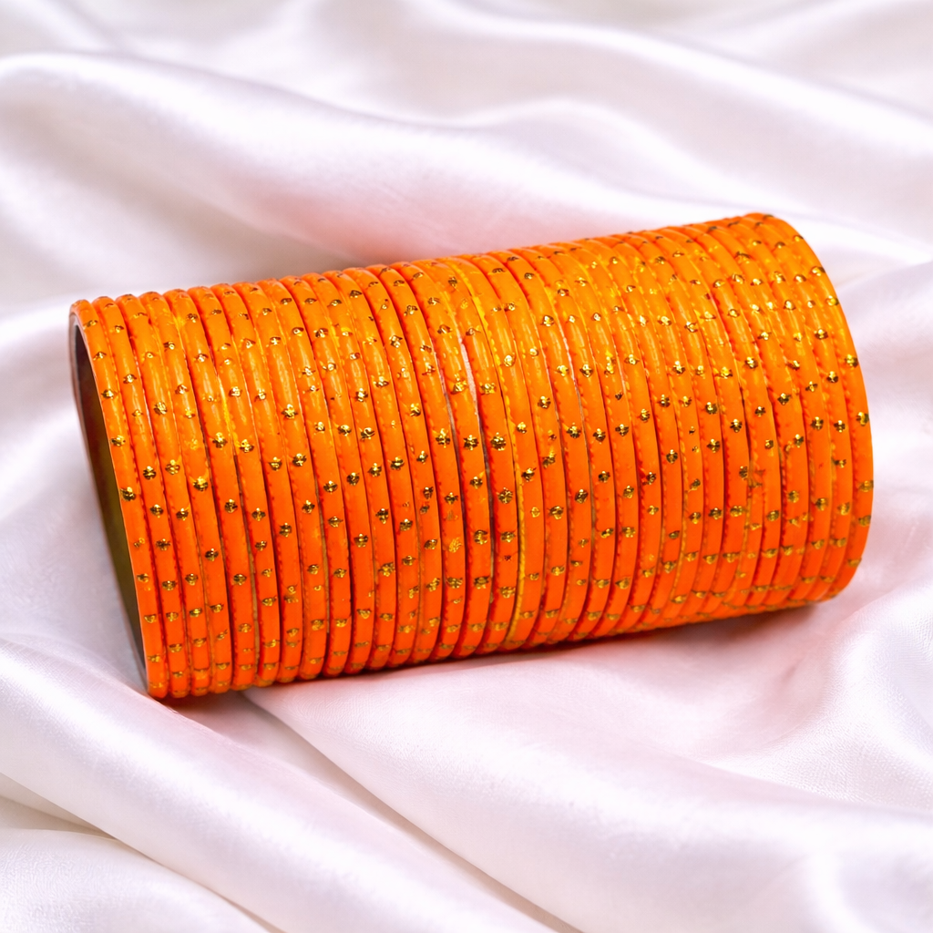 Bright Orange & Gold Polka Dot Bangles Set – 1 Darjan (12 Dozen) | Bridal & Festive Bangles