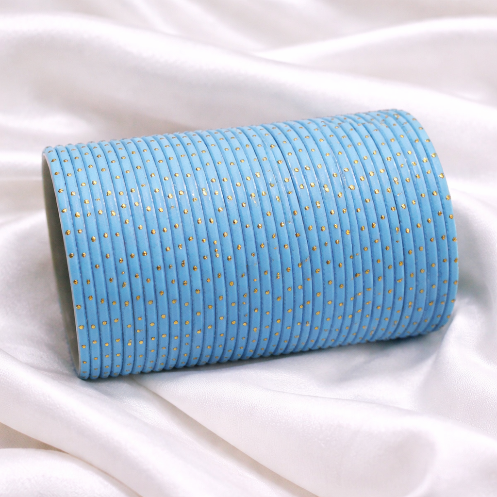 Sky Blue & Gold Polka Dot Bangles Set – 1 Darjan (12 Dozen) | Bridal & Festive Bangles