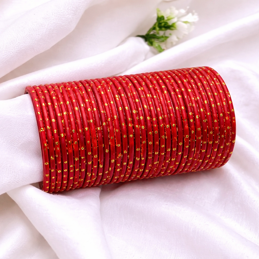 Red & Gold Polka Dot Bangles Set – 1 Darjan (12 Dozen) | Bridal & Festive Bangles