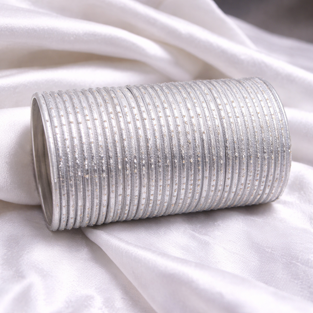 Silver Glitter Polka Dot Bangles Set – 1 Darjan (12 Dozen) | Bridal & Party Wear