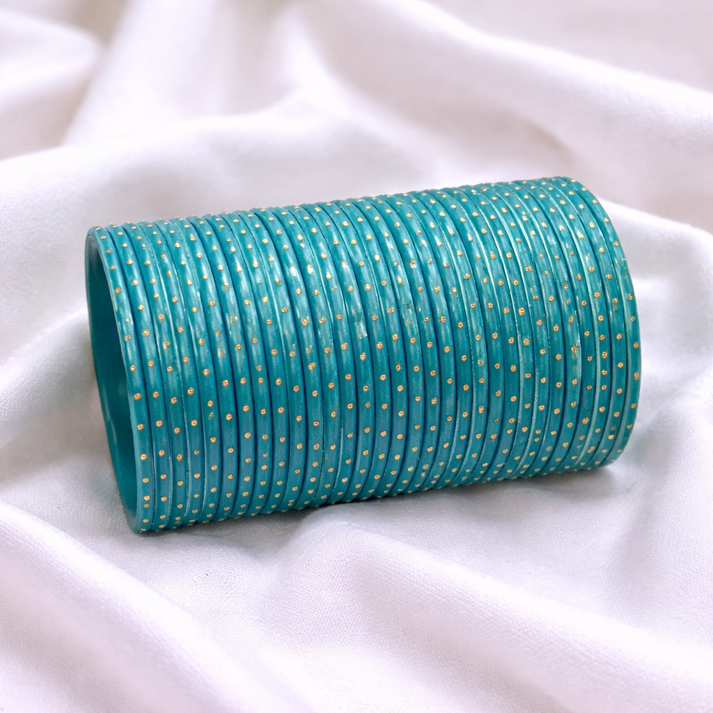 Teal Polka Dot Glitter Bangles Set – 1 Darjan (12 Dozen) | Bridal & Party Wear