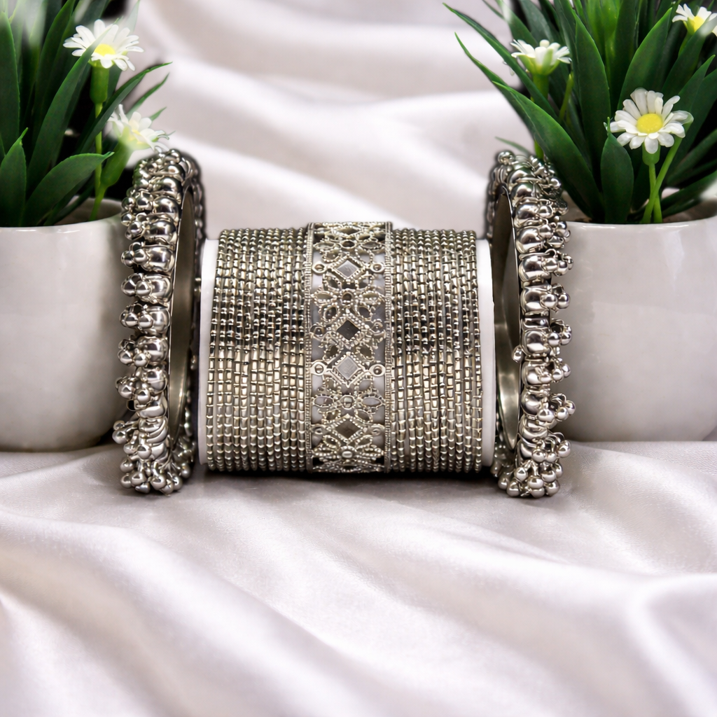 Silver Antique Kada Bangle Set – Traditional Bridal & Party Wear