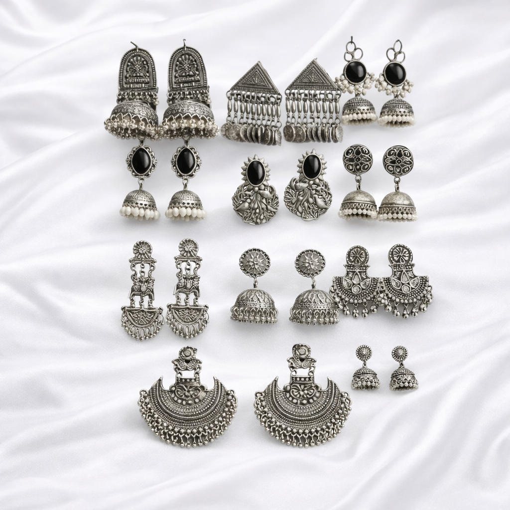 Oxidized Silver Jhumka Box – Multi-Design Traditional Earrings Set