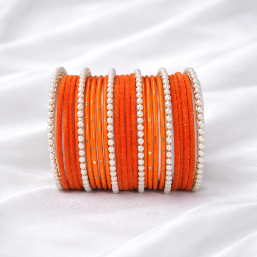 Orange Pearl Bangle Set – Traditional Bridal & Festive Choori