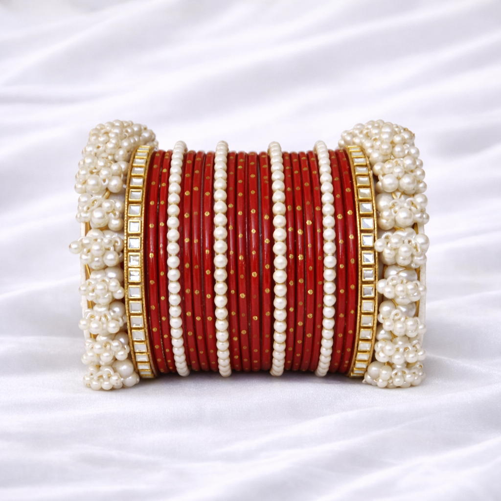 Red Polka Dot Pearl Kundan Bridal Bangle Set