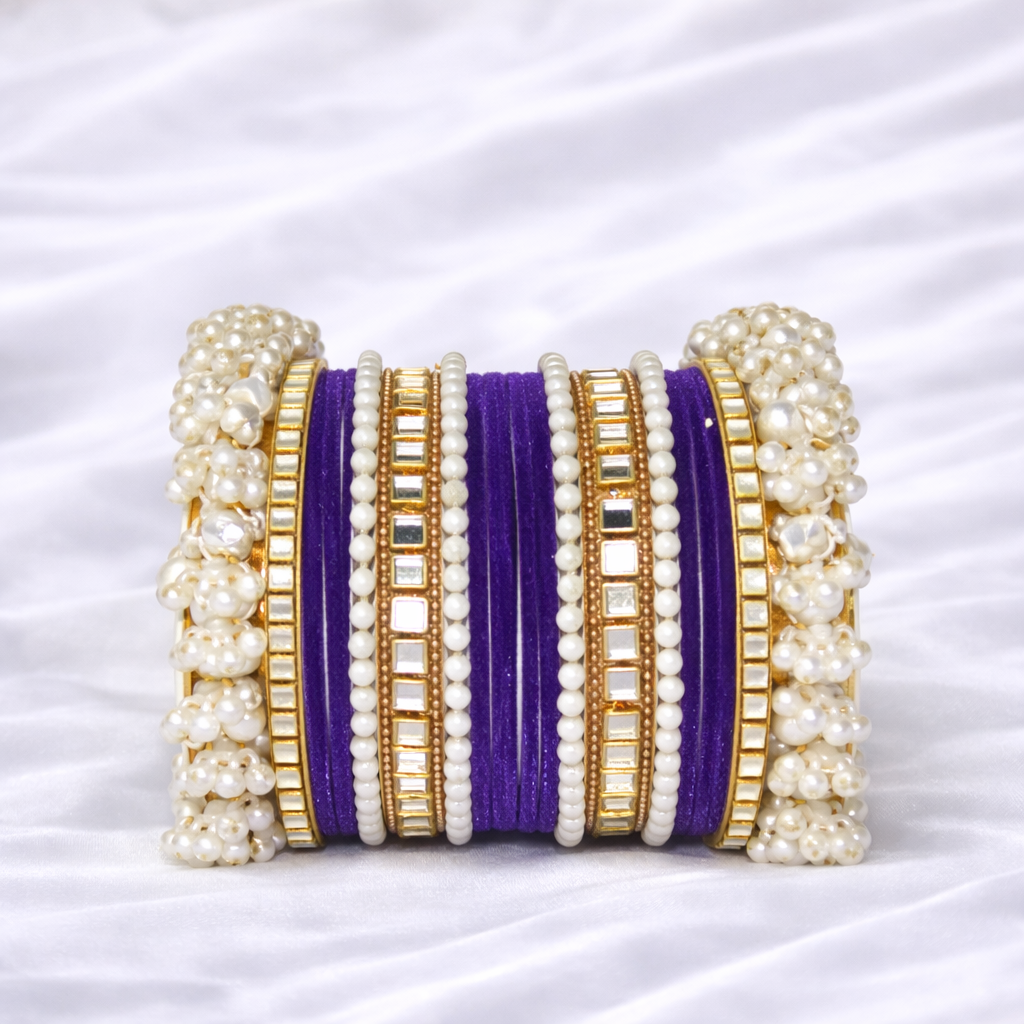 Royal Purple Pearl Kundan Velvet Bangle Set