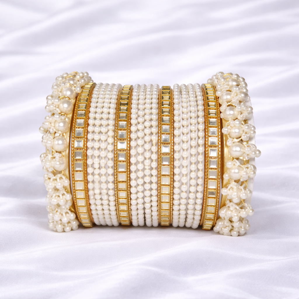 Classic Ivory Pearl Kundan Bridal Bangle Set