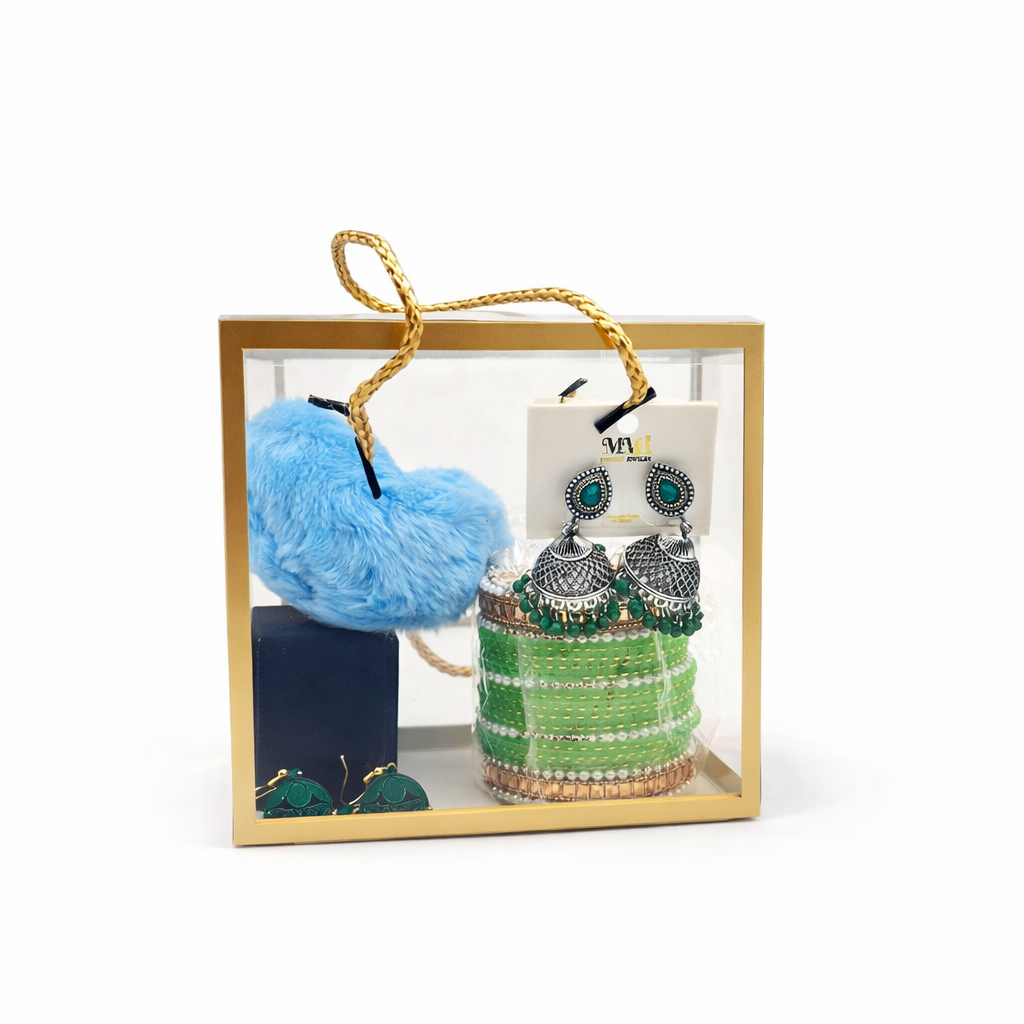 Premium Green Jewelry Gift Hamper – Bangles (Size 2.6 Medium), Jhumka Earrings & Plush Keychain Set
