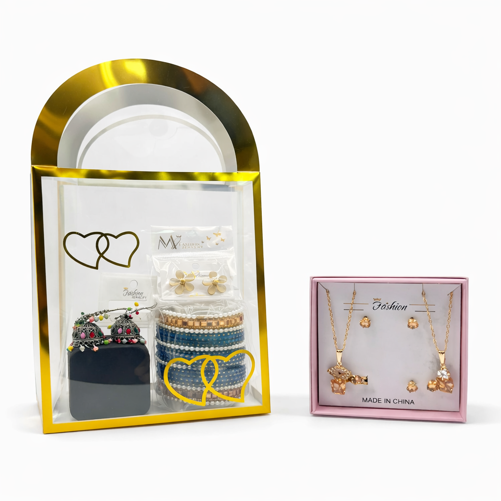 Luxury Blue Jewelry Gift Hamper – Blue Bangles (Size 2.6 Medium), Multicolor Jhumka Earrings & Fashion Necklace Set