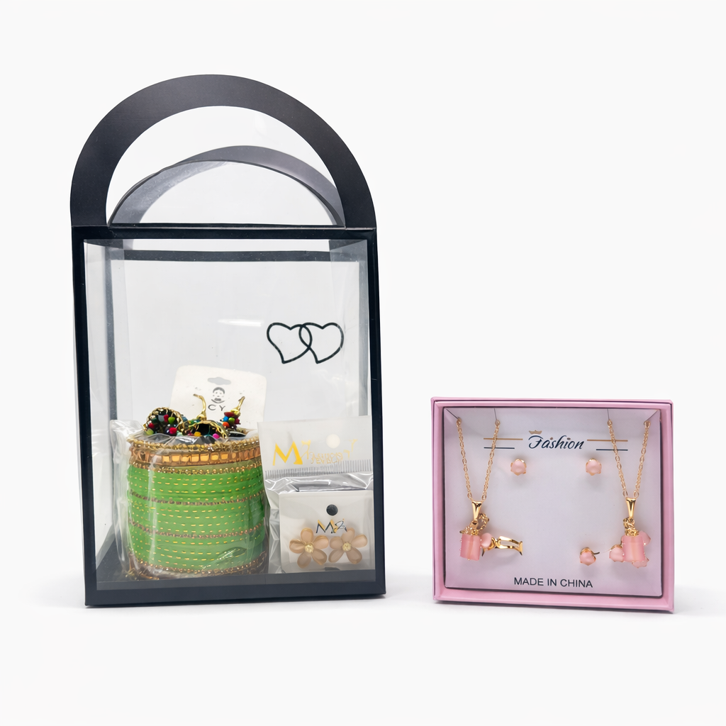 Elegant Green Jewelry Gift Hamper – Green Bangles (Size 2.6 Medium), Jhumka Earrings & Fashion Necklace Set