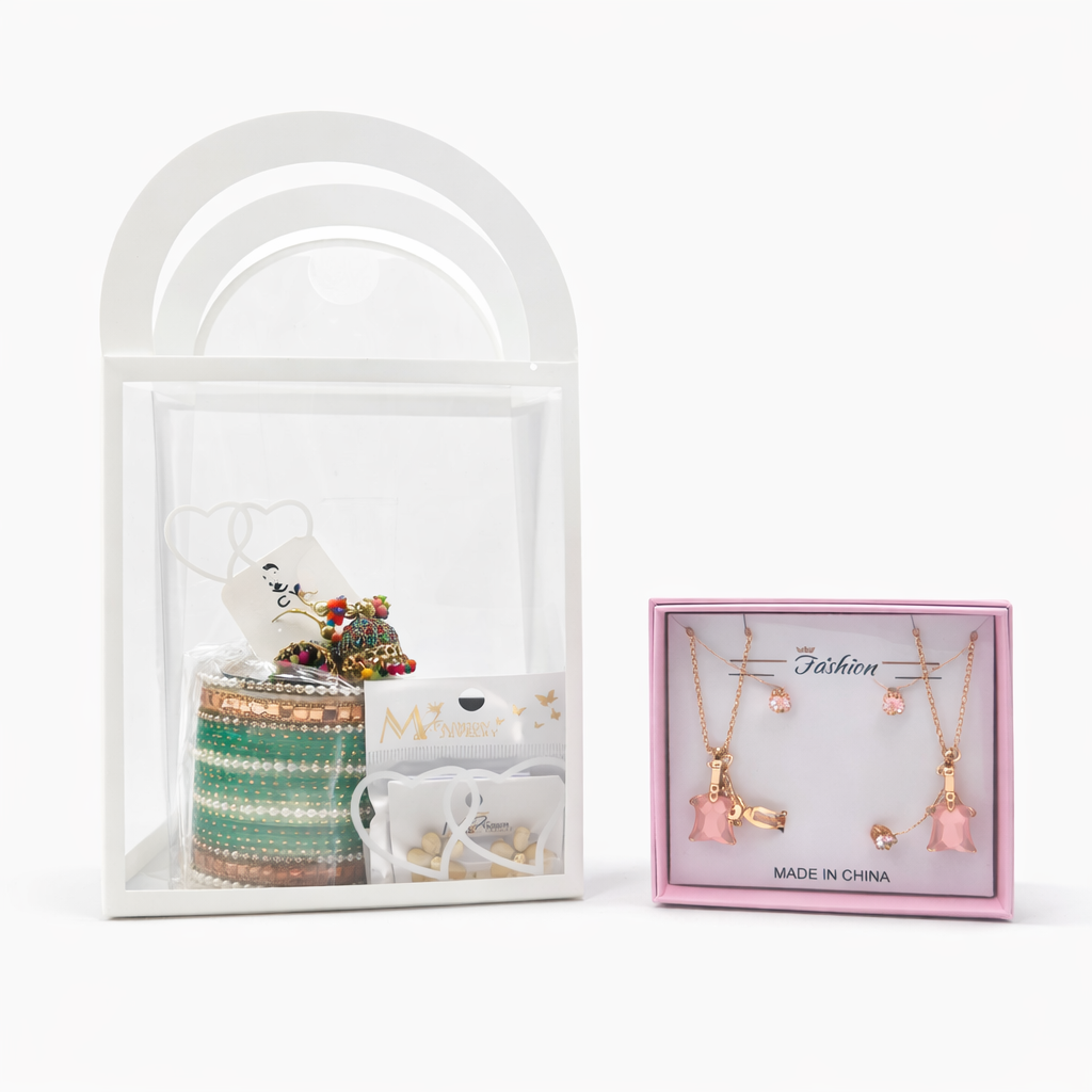 Elegant Green Jewelry Gift Hamper – Green Bangles (Size 2.6 Medium), Multicolor Jhumka Earrings