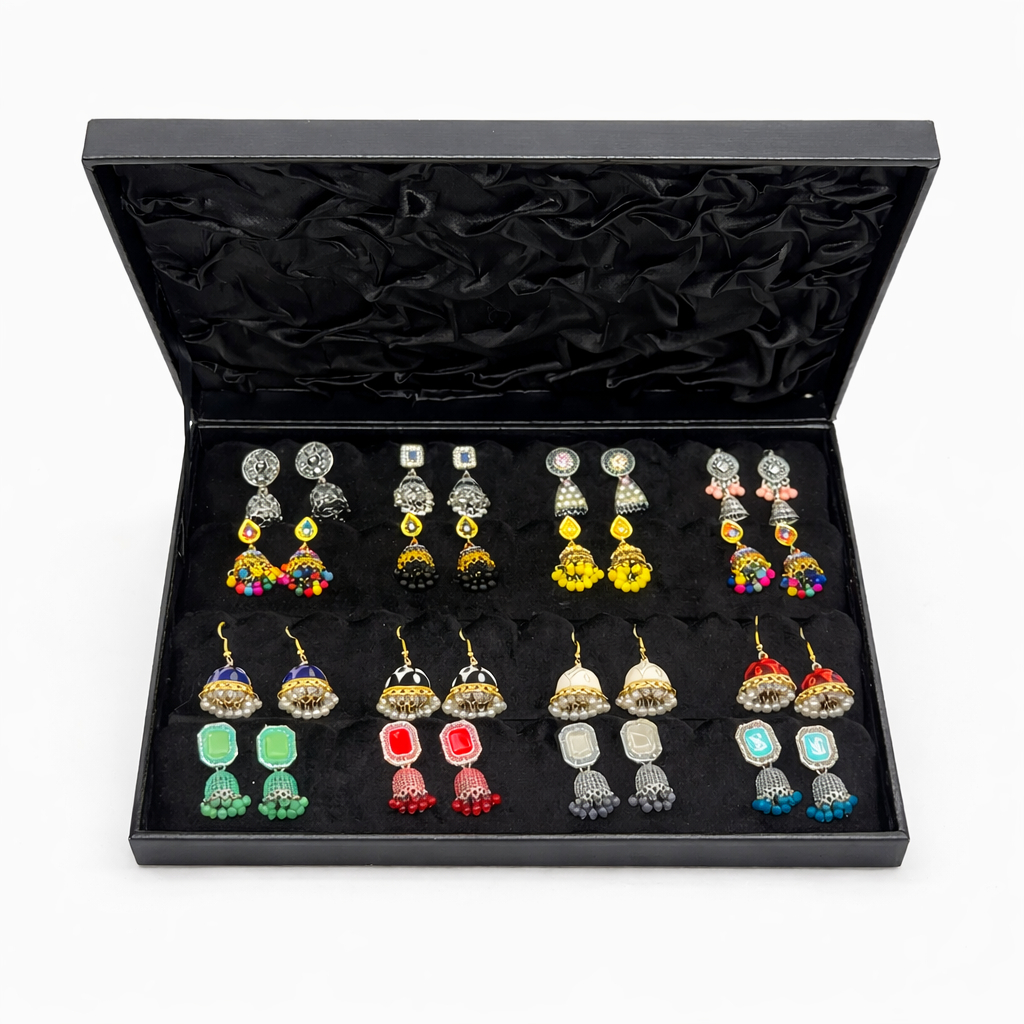 16 Pair Multicolor Jhumka Earrings Set – Traditional Ethnic Earrings Collection Box