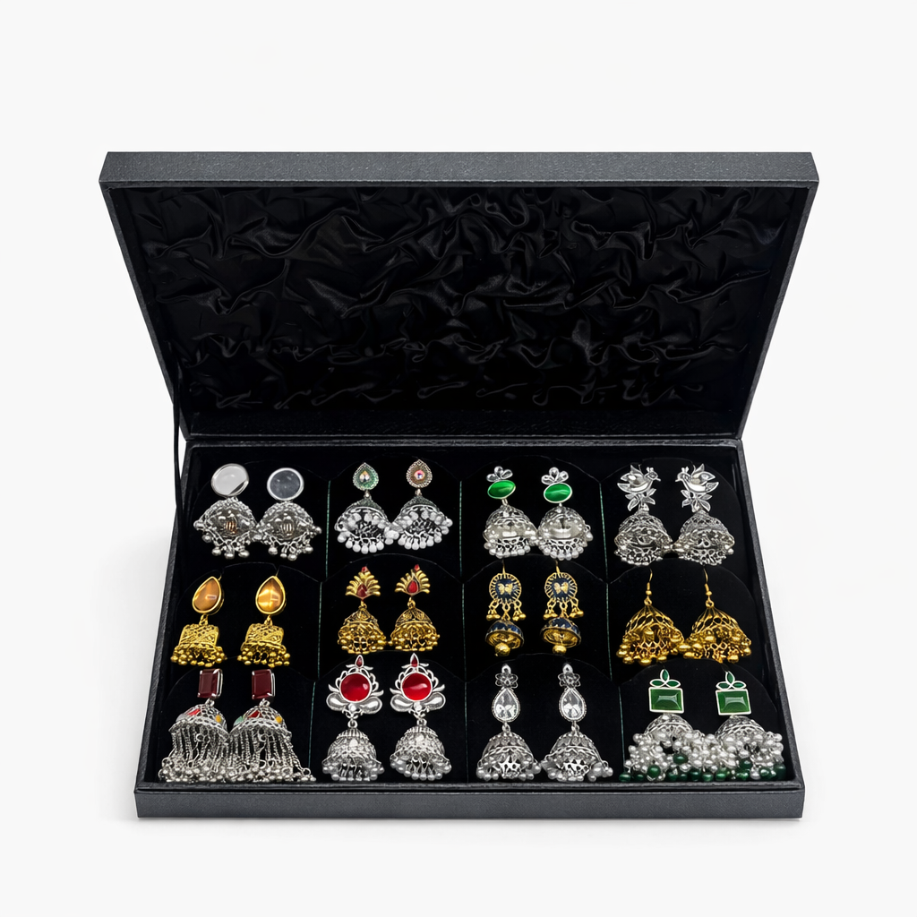 16 Pair Premium Jhumka Earrings Collection – Gold & Silver Ethnic Earrings Set with Jewelry Box