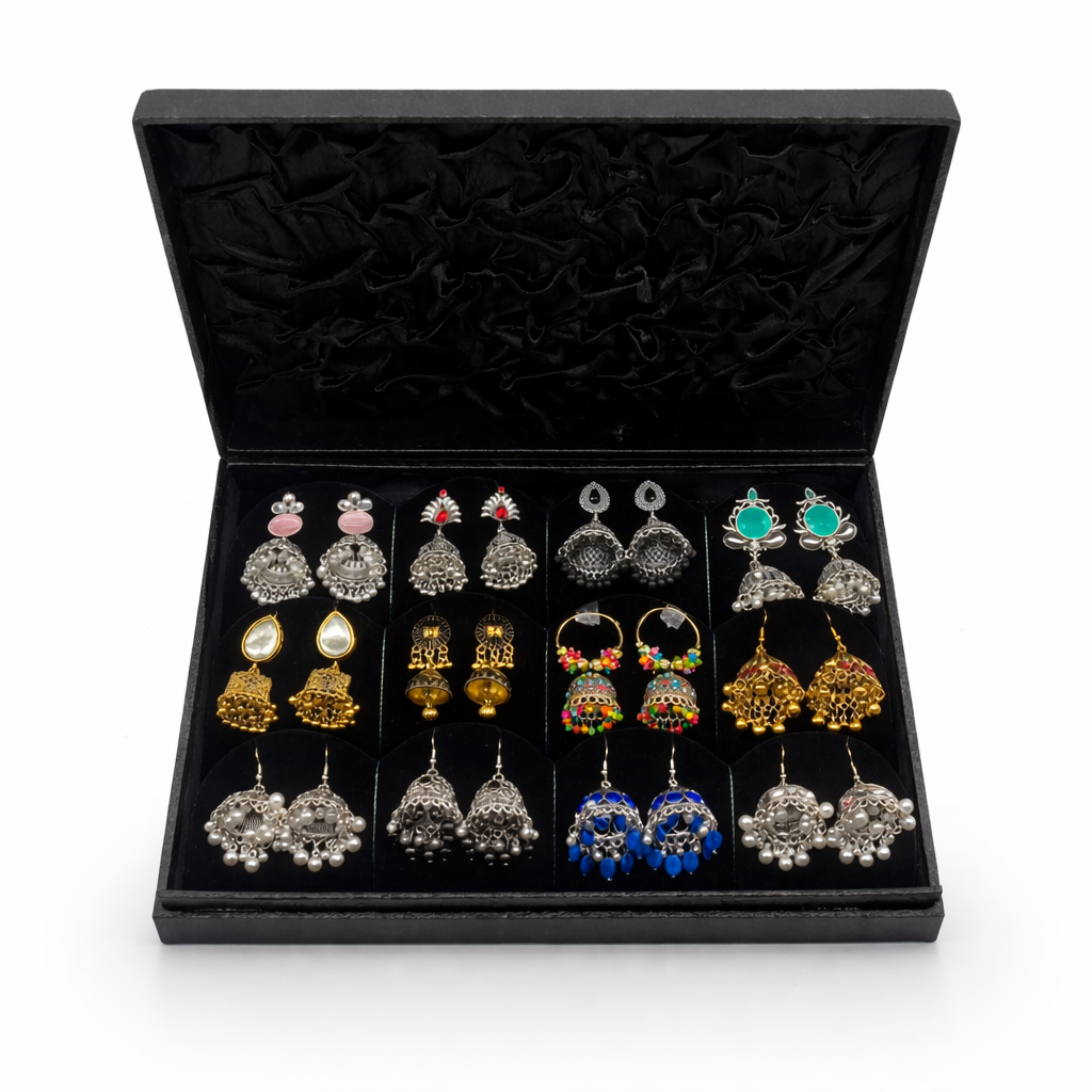 12 Pair Mixed Jhumka Earrings Collection – Multicolor Ethnic Earrings Set with Luxury Jewelry Box