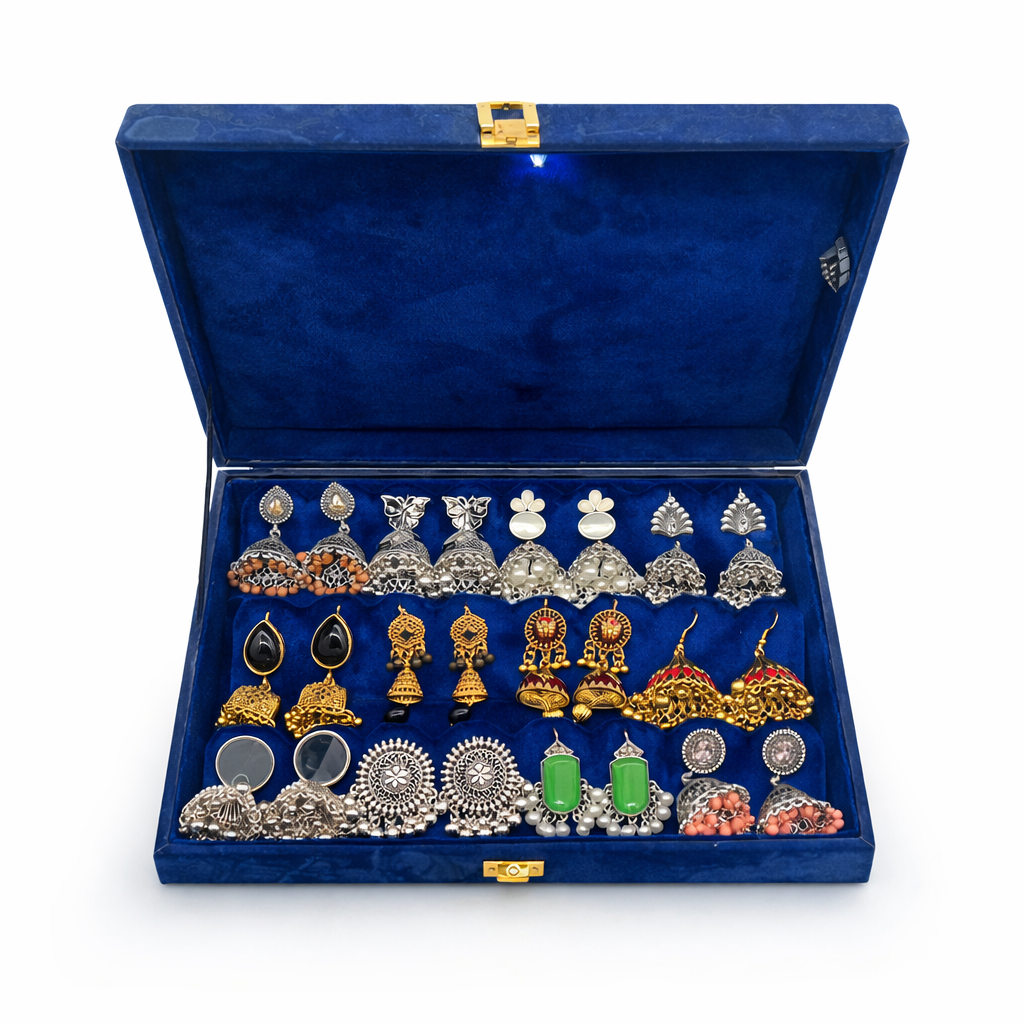12 Pair Premium Jhumka Earrings Collection – Multicolor Ethnic Earrings Set with Blue Velvet Jewelry Box