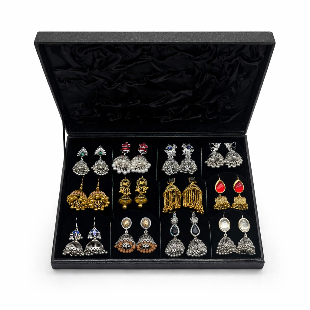 12 Pair Jhumka Earrings Collection – Multicolor Ethnic Earrings Set with Luxury Jewelry Box