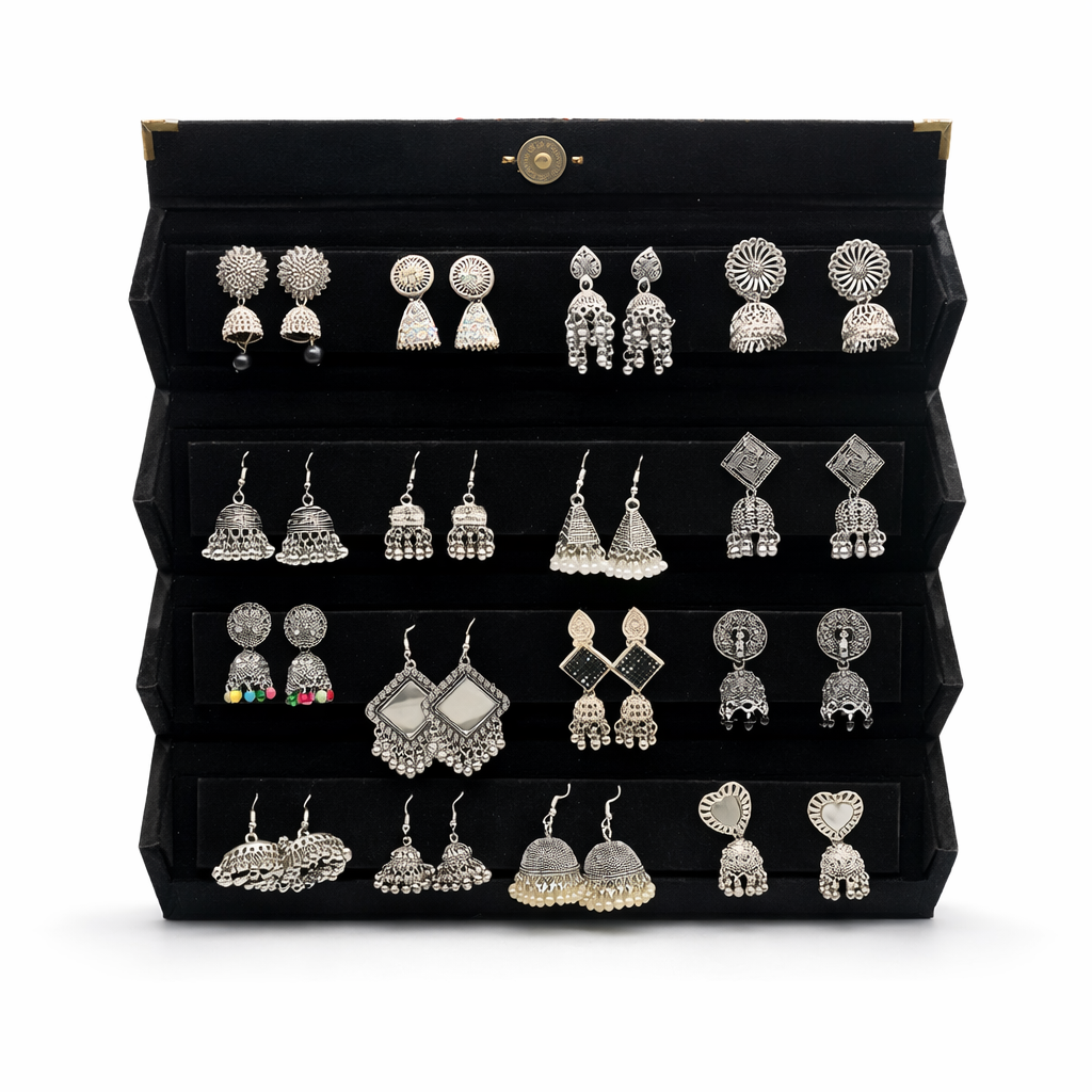 16 Pair Antique Silver Jhumka Earrings Set – Oxidized Ethnic Earrings Collection with Luxury Jewelry Box