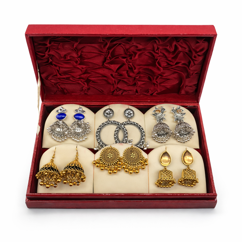 6 Pair Premium Jhumka Earrings Set – Gold & Silver Ethnic Earrings Collection with Red Velvet Jewelry Box