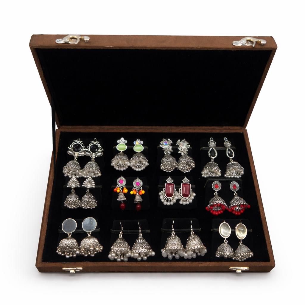 12 Pair Oxidized Jhumka Earrings Gift Box