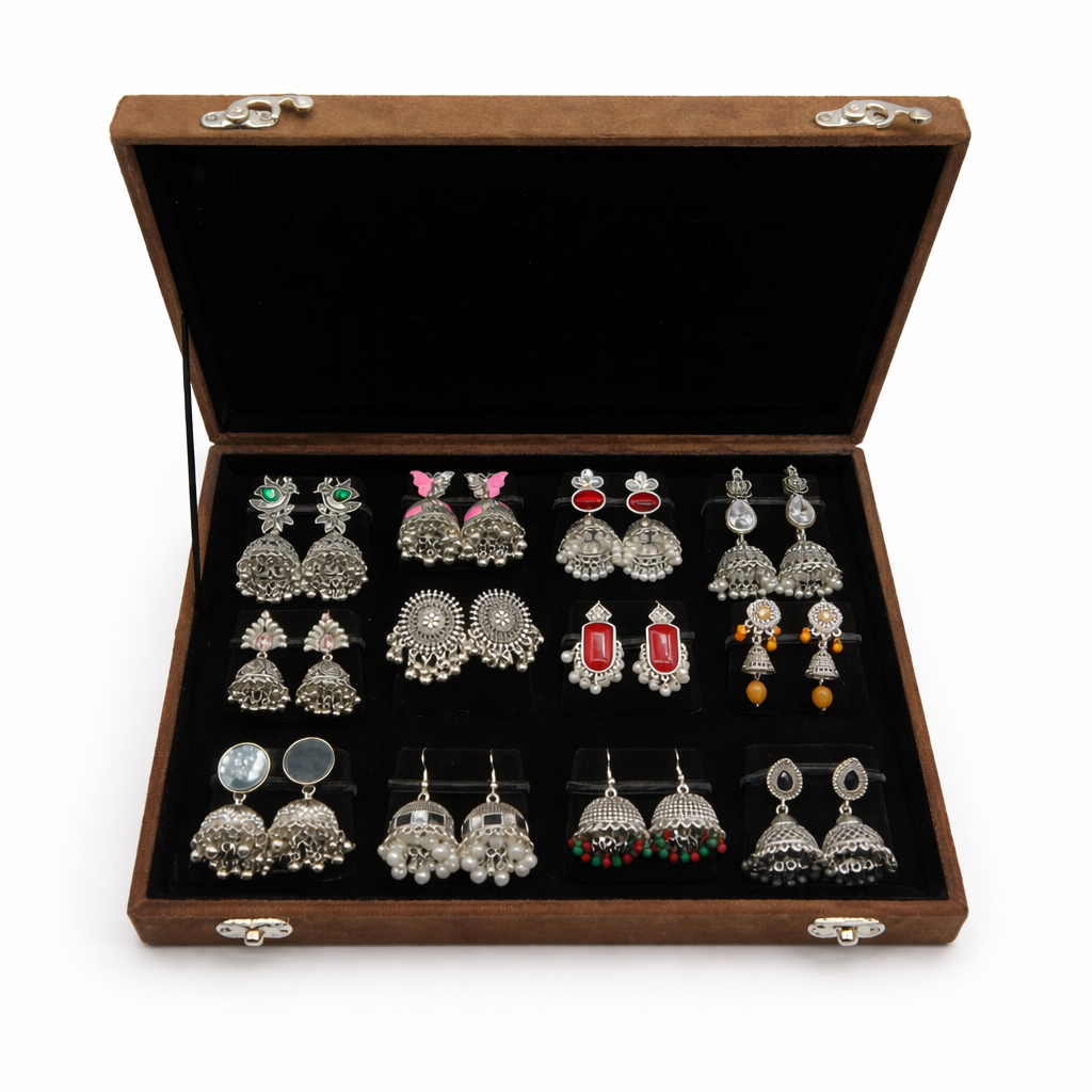 12 Pair Premium Oxidized Jhumka Earrings Gift Box