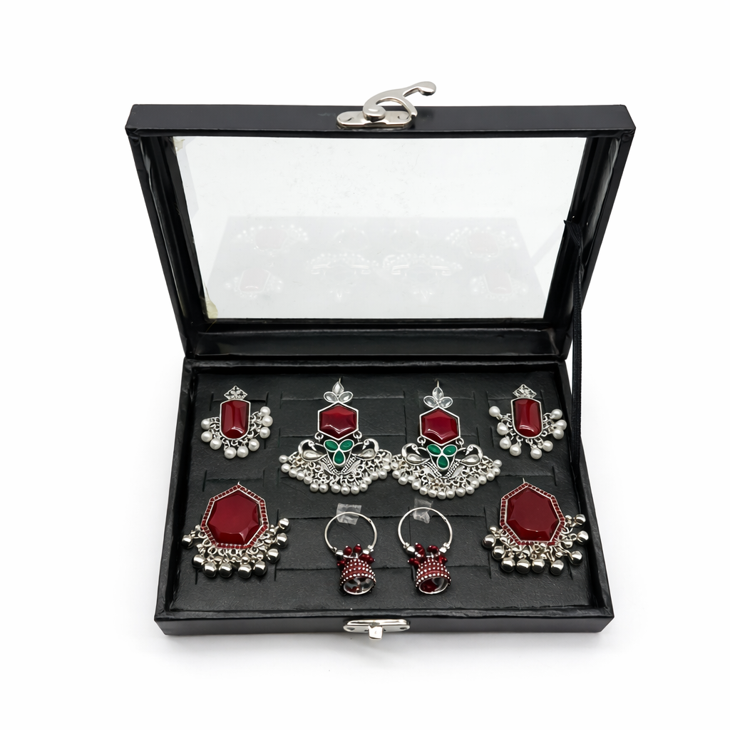 Red Stone Jewelry Set – Oxidized Silver Jhumka & Earrings Set