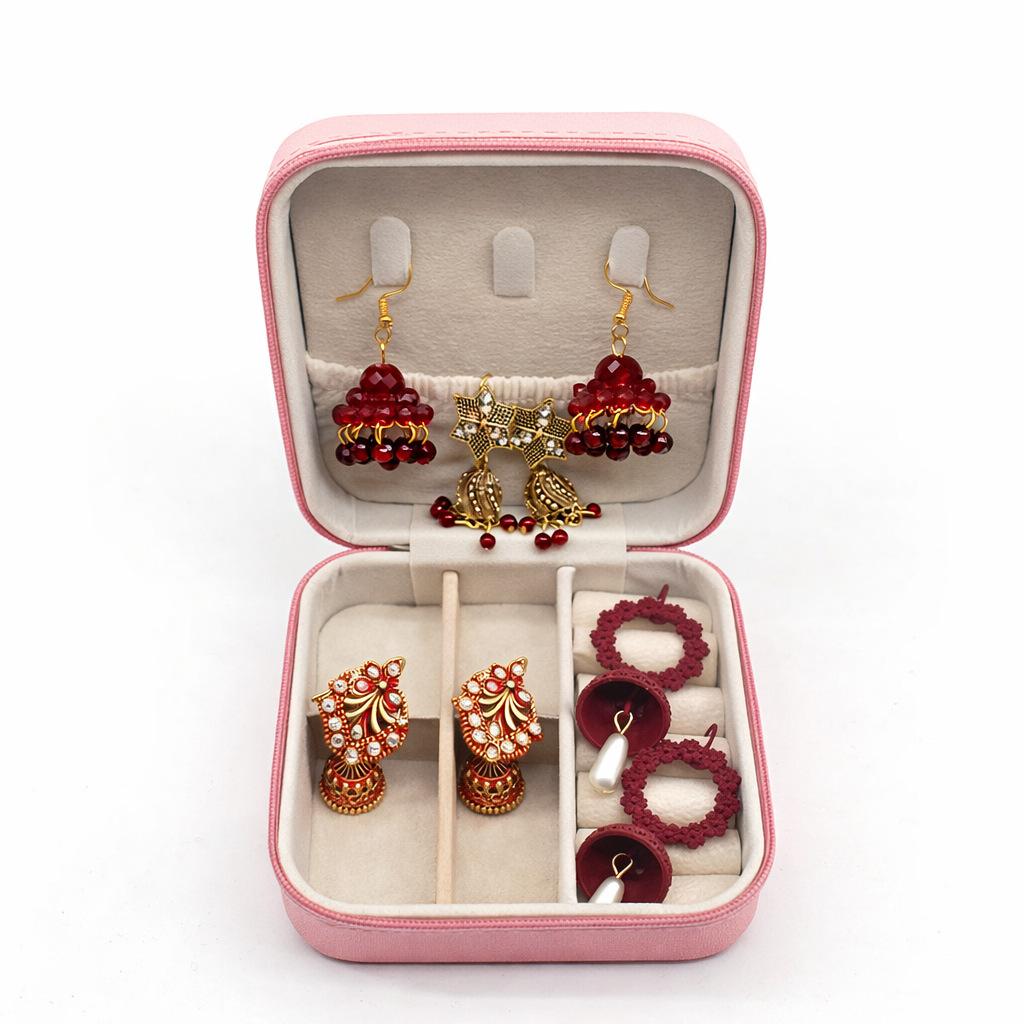 Red Crystal Jhumka & Party Earrings Collection Box – Multi Style Earrings Set