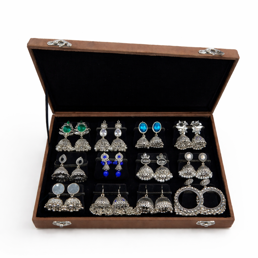 Oxidized Silver Jhumka Earrings Collection Box – Multi Style Ethnic Earrings Set